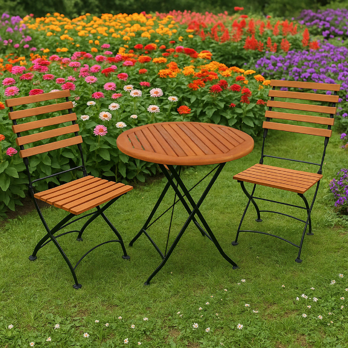 GARTENESSGRUPPE Bad Belzig - 3-teilig (2x Stuhl, 1x Tisch 75cm rund), Gestell Flachstahl schwarz, Latten Eukalyptusholz, FSC®-zertifiziert. - Schwarz, Metall - TPFGarden