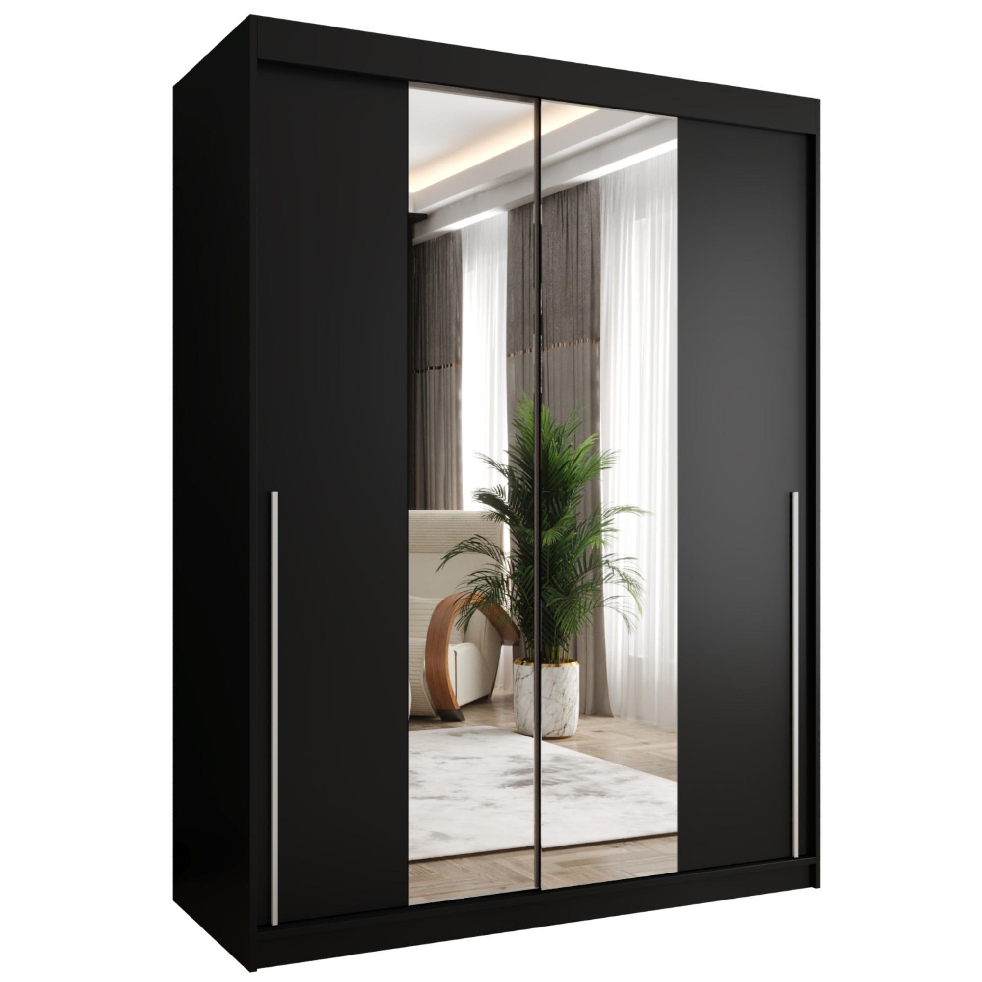 SCHIEBETÜRENSCHRANK mit Spiegel 150 cm Breite, schwarz mit silbernem Griff - Silberfarben/Schwarz, Holzwerkstoff (150/200/62cm) - Home Collective