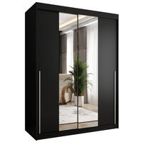 SCHIEBETÜRENSCHRANK mit Spiegel 150 cm Breite, schwarz mit silbernem Griff - Silberfarben/Schwarz, Holzwerkstoff (150/200/62cm) - Home Collective