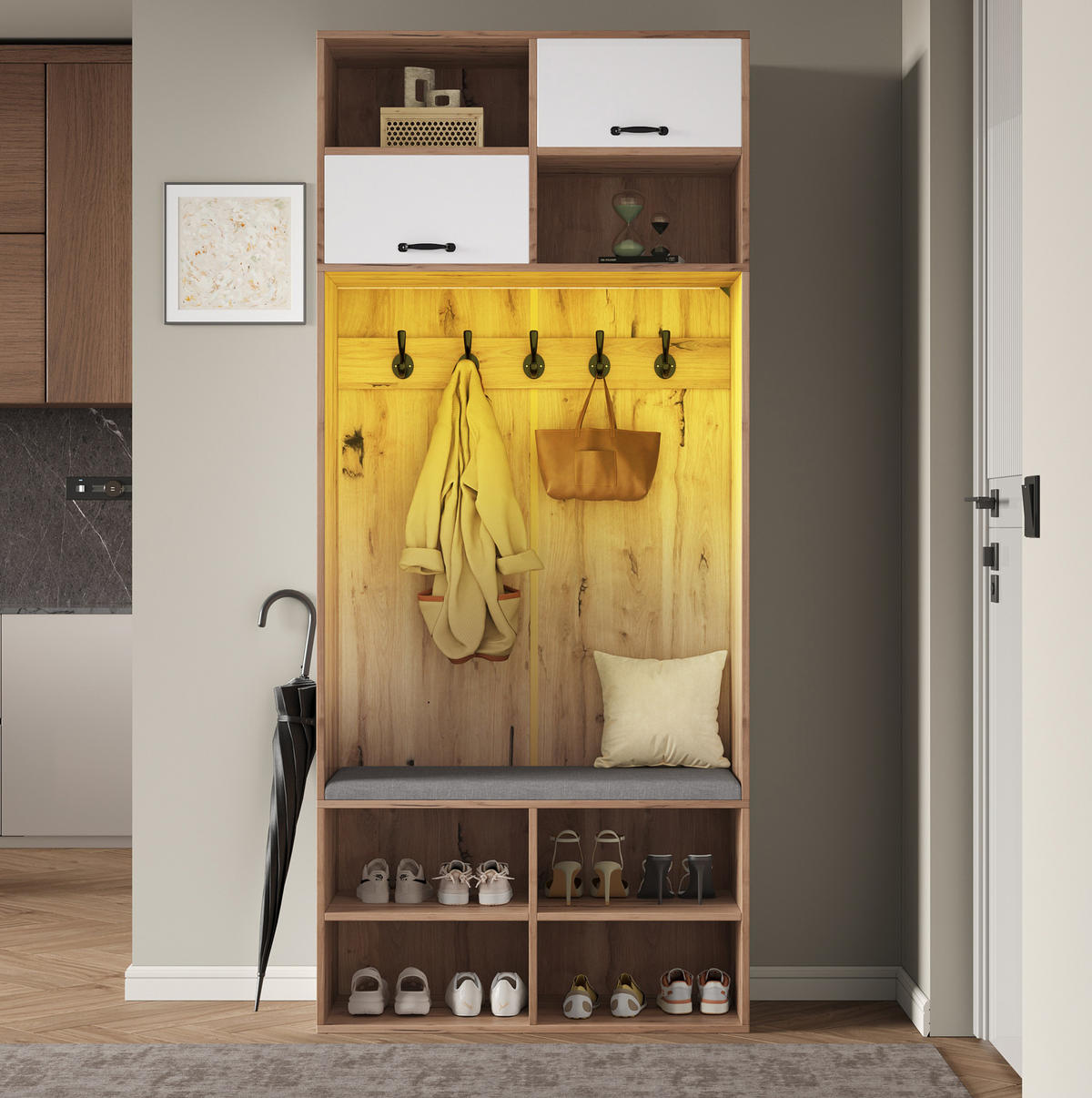 GARDEROBENSET 80/35/185 cm aus Spanplatte mit Sitzbank und LED-Beleuchtung Weiß/Naturfarben - Naturfarben, Holzwerkstoff (80/185/35cm) - Modenvie