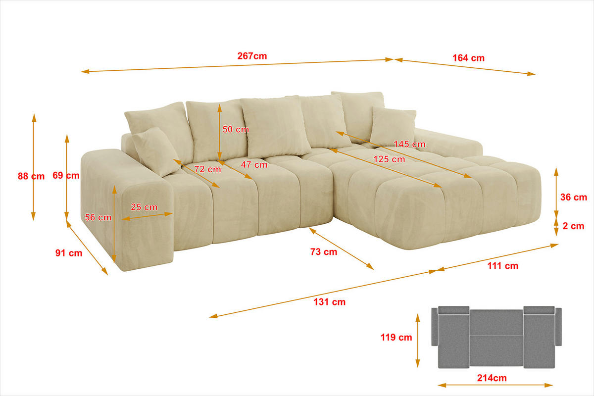 ECKSOFA Ottomane Rechts ENSI-L - 267x164x88 cm Taupe - Taupe, Holzwerkstoff/Kunststoff (164/267cm) - ALTDECOR