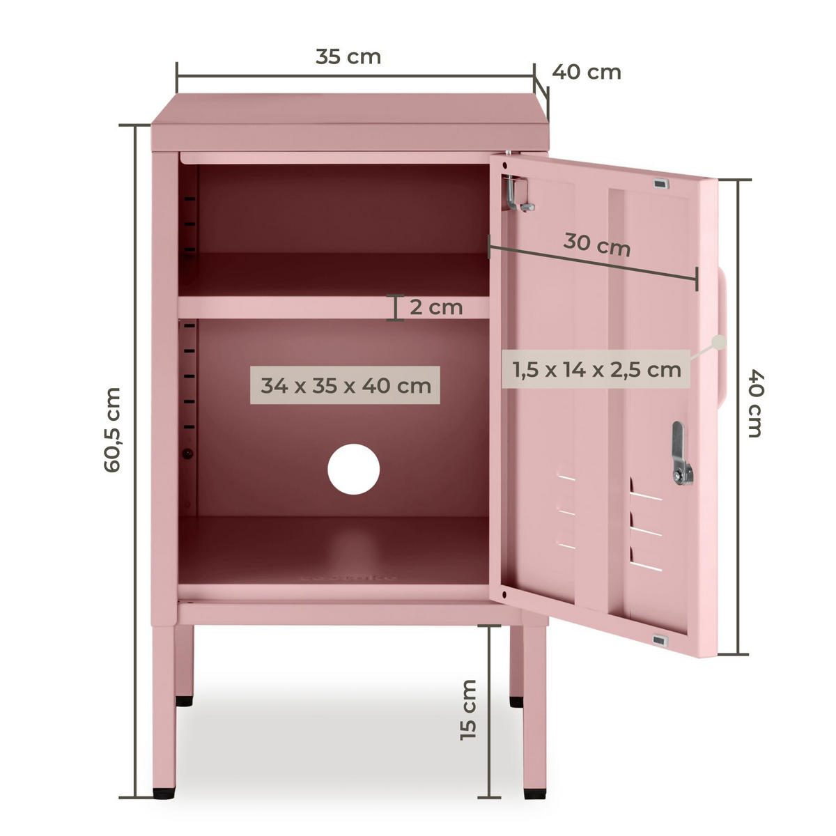 NACHTSCHRANK Baker, Kippschutz, höhenverstellbare Füße, rosa - Rosa, Metall (35/60.5/42.5cm) - tectake