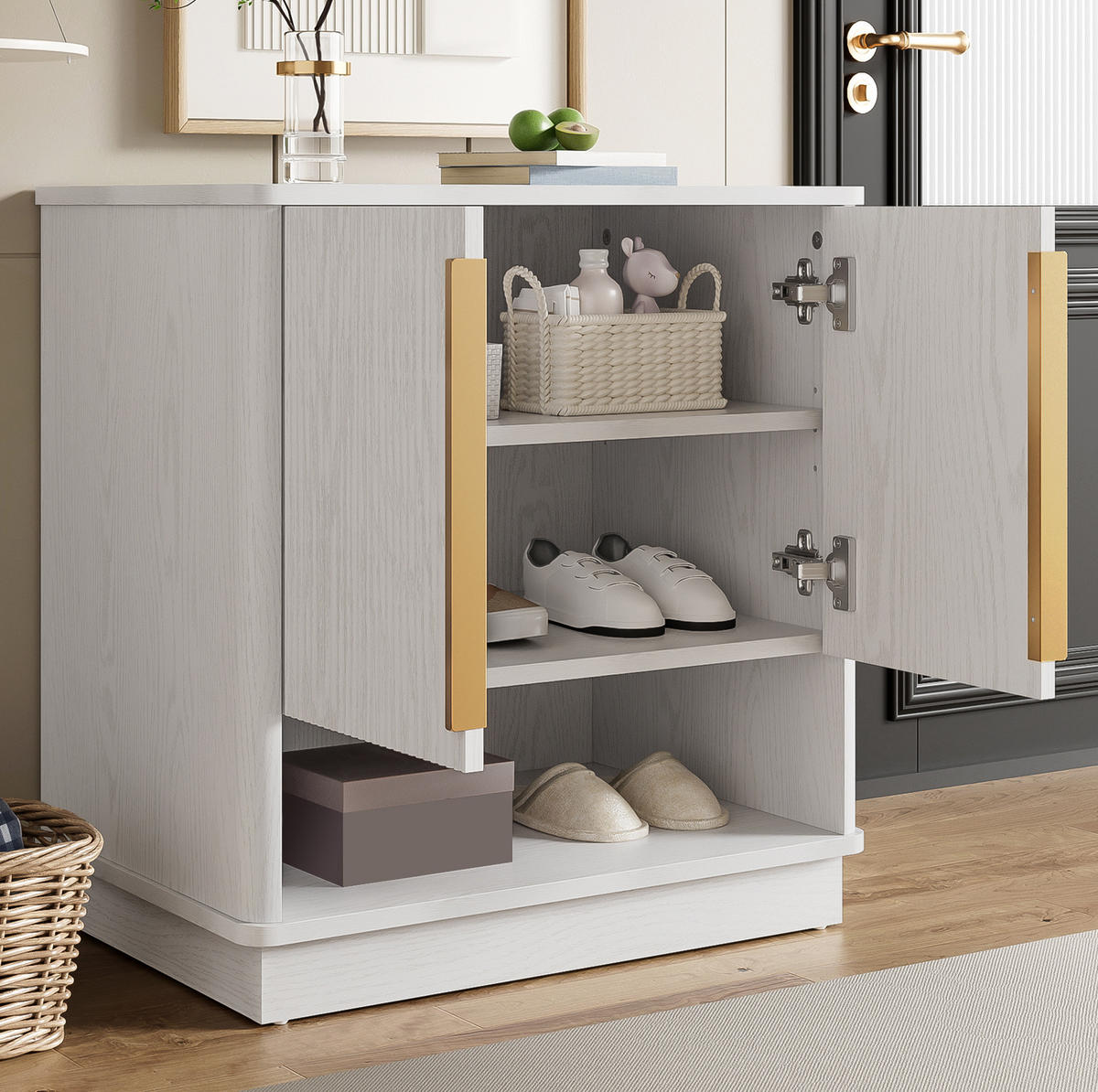 SCHUHSCHRANK 60 x 40 x 61 cm MDF Weiß mit 2 Türen und offenem Fach - Weiß, Holz (40/61/60cm) - Beauniv