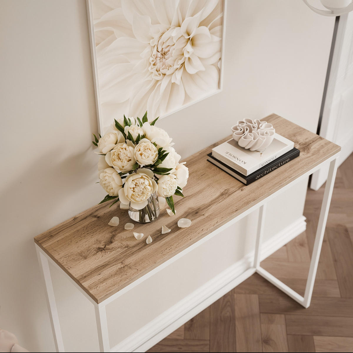 KONSOLENTISCH LORA 80 cm, Weiß / Eiche Wotan - Eiche Wotan/Weiß, Metall (30/80/80cm) - Idohome