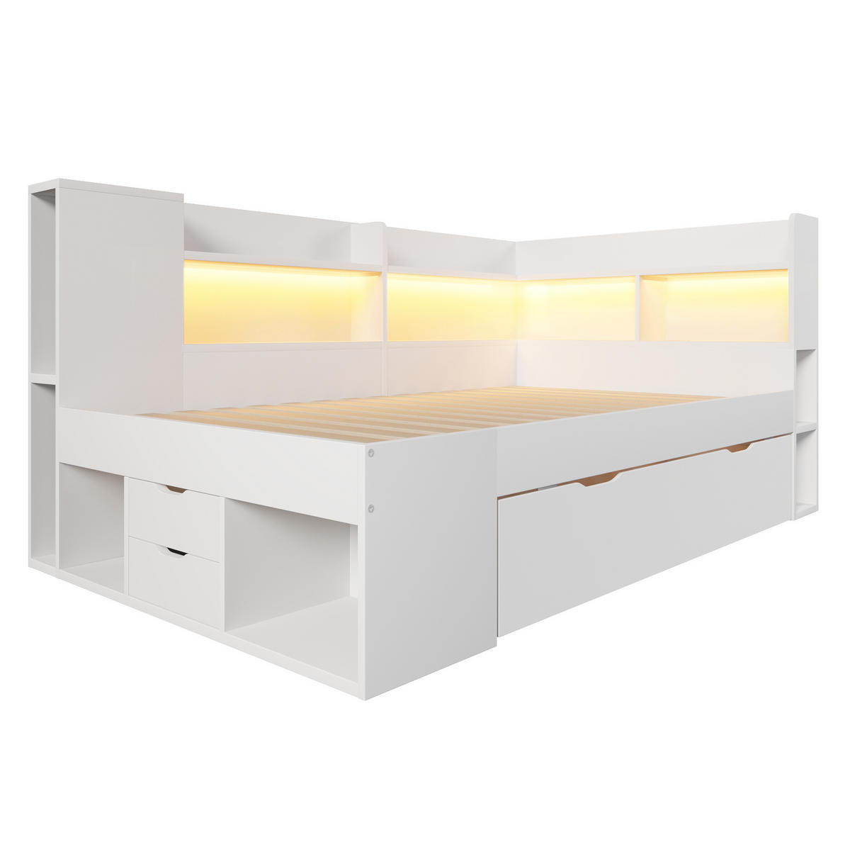 DNEVNI krevet od drva 90x200 cm bijeli s LED rasvjetom, USB i Type-C priključcima te ladicama i policama - bijela, drvni materijal (90/200cm) - Modfu