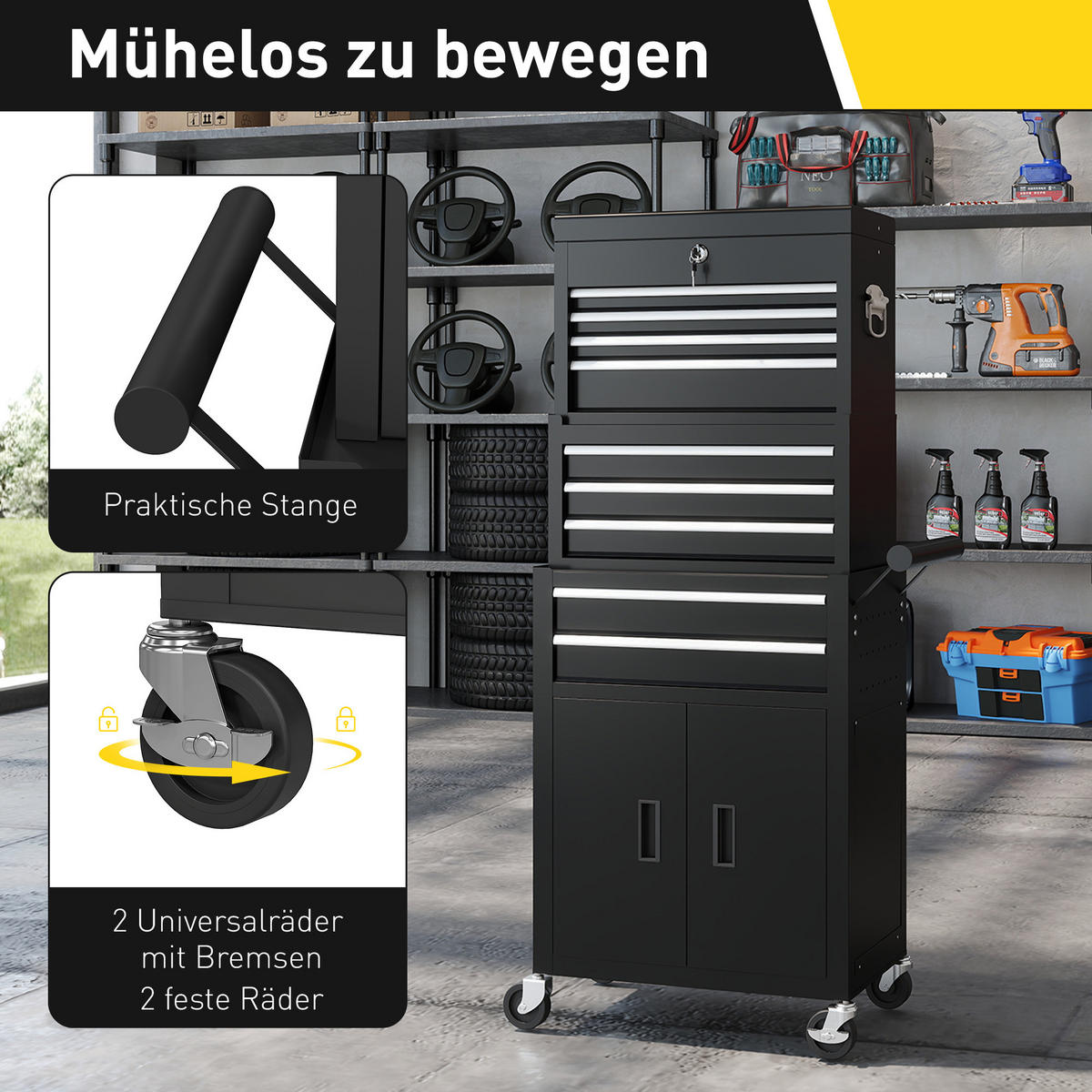 WERKZEUGKISTE 3-IN-1 DE-10558 9 Schubladen mit Rollen Schwarz - Schwarz, Metall (33/133/69.5cm) - ComfortXL