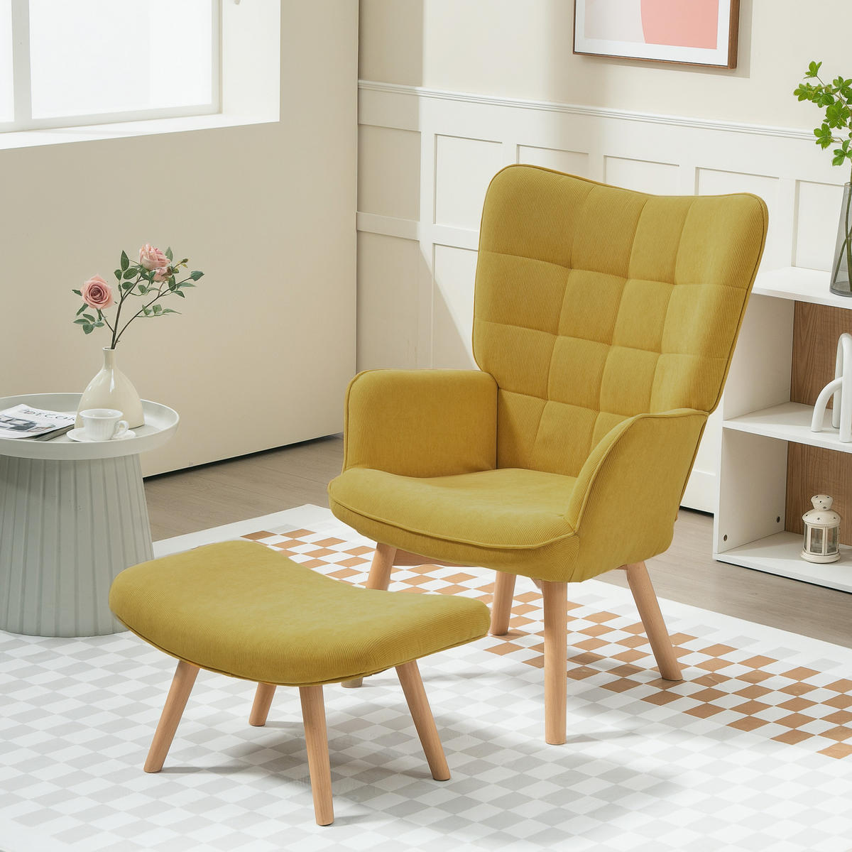 AKZENTSESSEL DE-07538 mit Hocker, Cord-Optik und Holzbeinen Orange - Orange, Textil (80/101/72cm) - ComfortXL