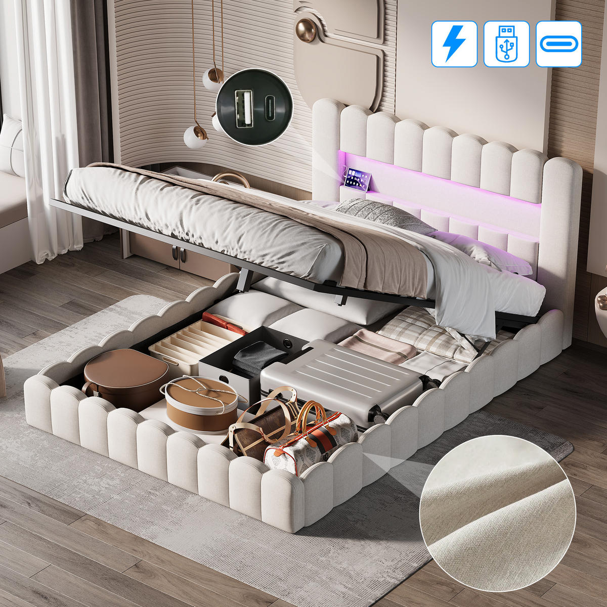 POLSTERBETT Polsterbett mit Stauraum 140x200 cm Leinen mit LED Kopfteil Beige - Beige, Holzwerkstoff (140/200cm) - Novahome