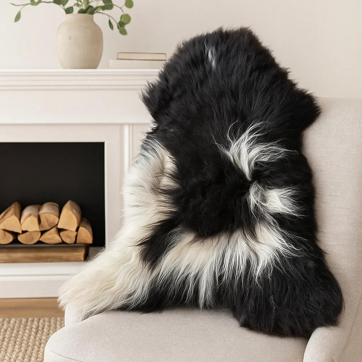 SCHAFFELL Ganzes Island Lammfell Langhaarig Naturfarben Weiß/Schwarz, ca. 120 cm - Schwarz, Fell (65/120cm) - Provellus