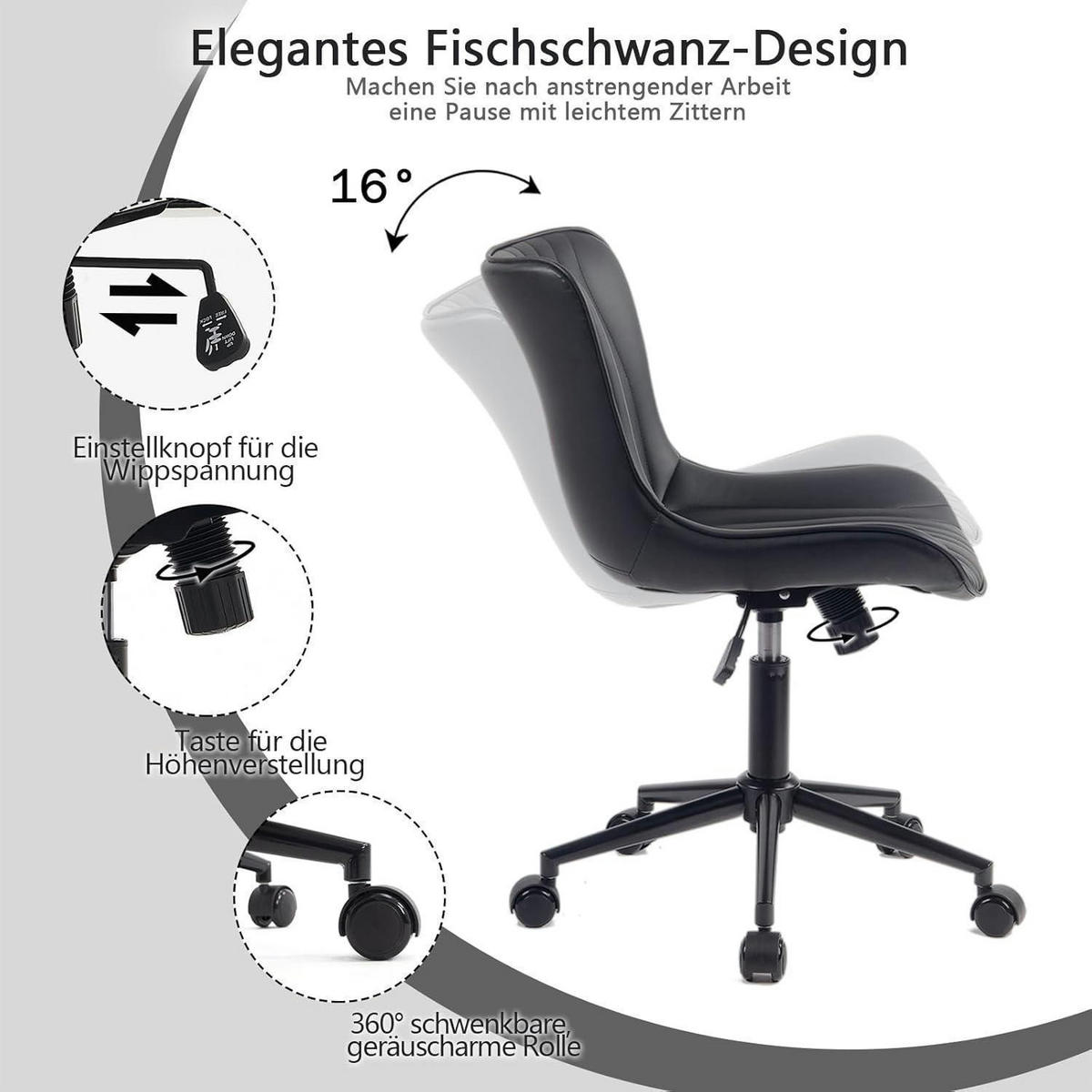 BÜROSTUHL ergonomisch im Fischschwanz-Design, schwarz - Schwarz, Kunststoff (60/78.5/42.4cm)