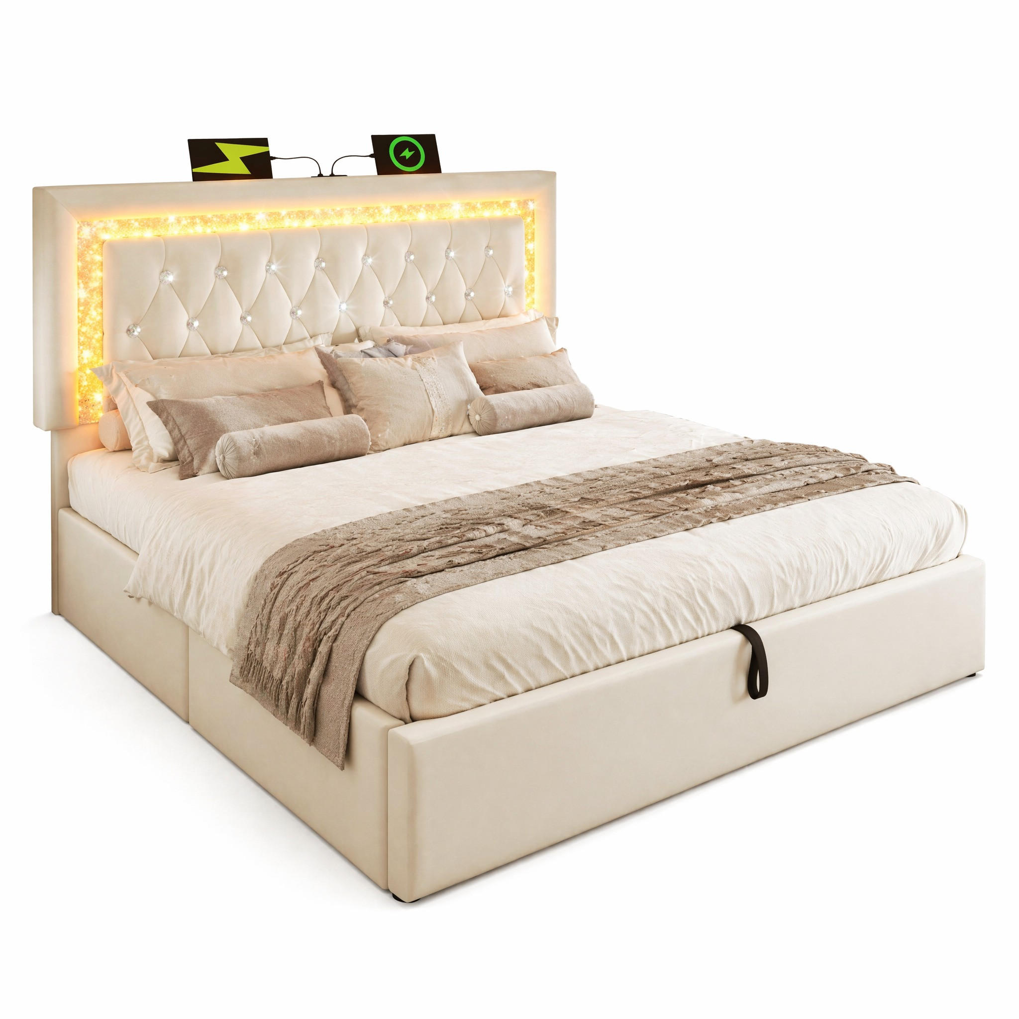 POLSTERBETT 180/200 cm in Beige mit Bettkasten, LED und USB/Type-C Samt mit Rautensteppung - Beige, Holzwerkstoff/Textil (180/200cm) - STILVORA