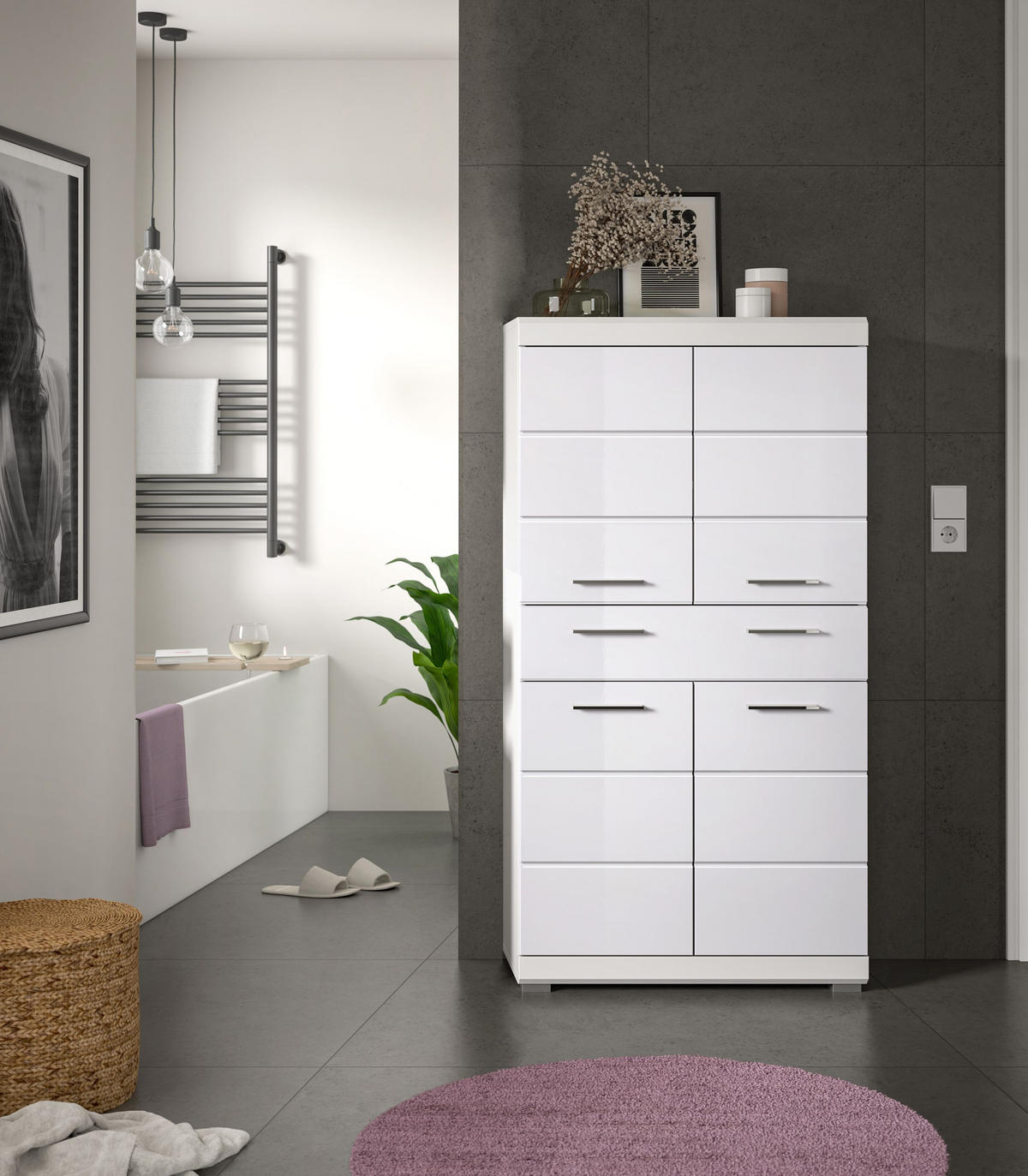 BADMIDISCHRANK Scout Bad in weiß Nachbildung und weiß hochglanz B/H/T: 74x141x31 cm - Weiß, Holz (74/141/31cm)