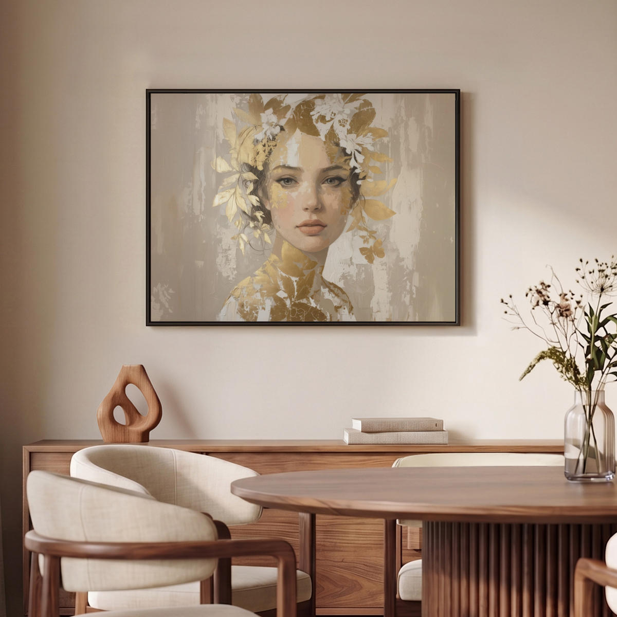 LEINWAND Bilder mit Rahmen - Gesicht - Frau - Blätter - Gold - 80x60 - Beige, Textil (80/60cm) - MuchoWow