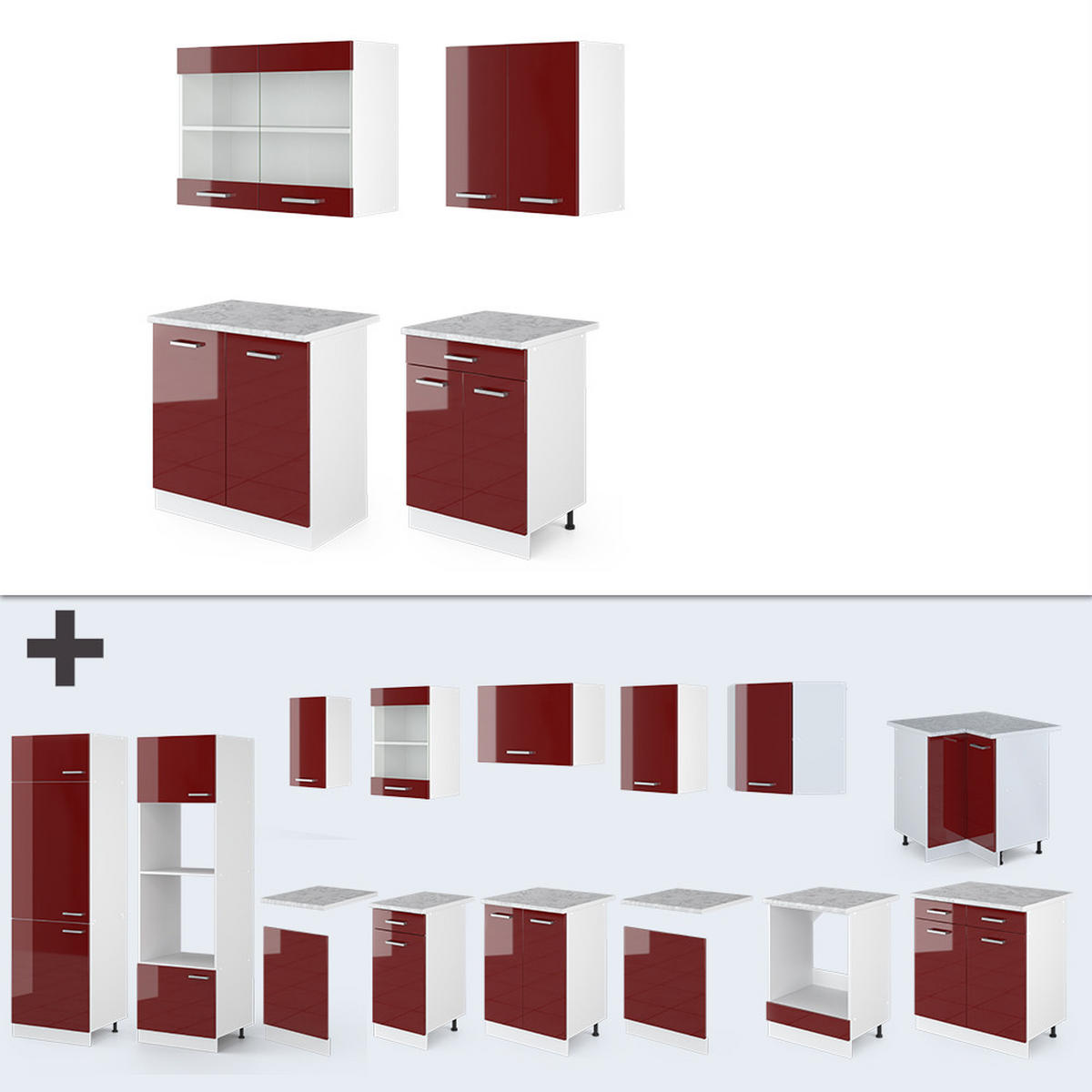 KÜCHENZEILE R-Line Bordeaux Hochglanz/Weiß 140 cm, AP Eiche - Bordeaux/Weiß, Holzwerkstoff (140/81.6/60cm) - Vicco