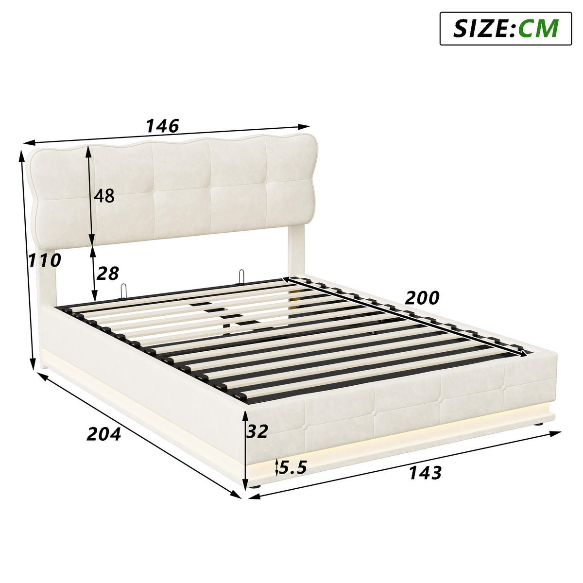 POLSTERBETT 140/200 cm mit LED-Beleuchtung - Beige, Holz/Metall (140/200cm) - Joyfair