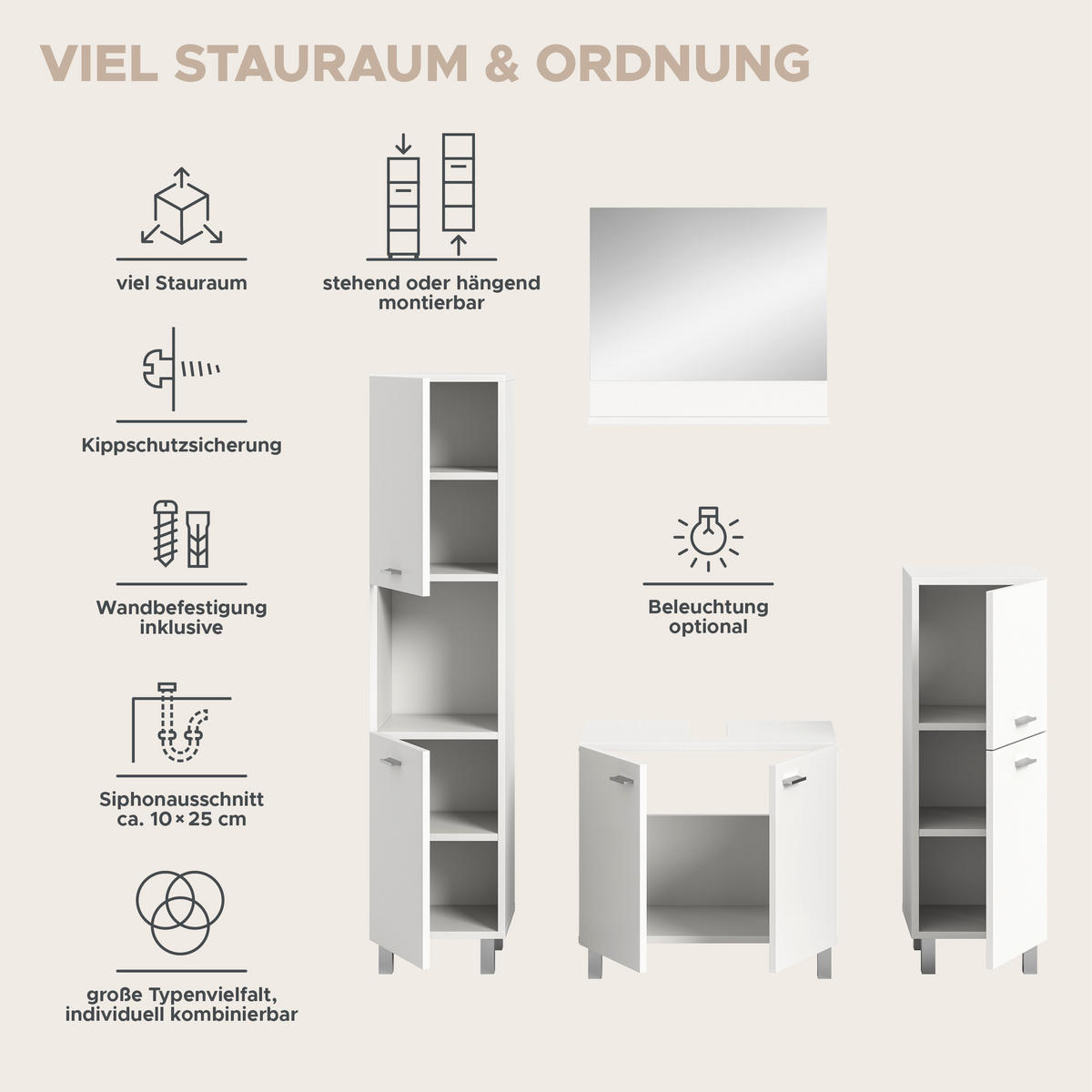 BADKOMBINATION 4tlg. Boston/Tampa Bad in weiß Nachbildung - modernes Design - B/H/T: 137x186x33 cm - Weiß, Holzwerkstoff (137/186/33cm)