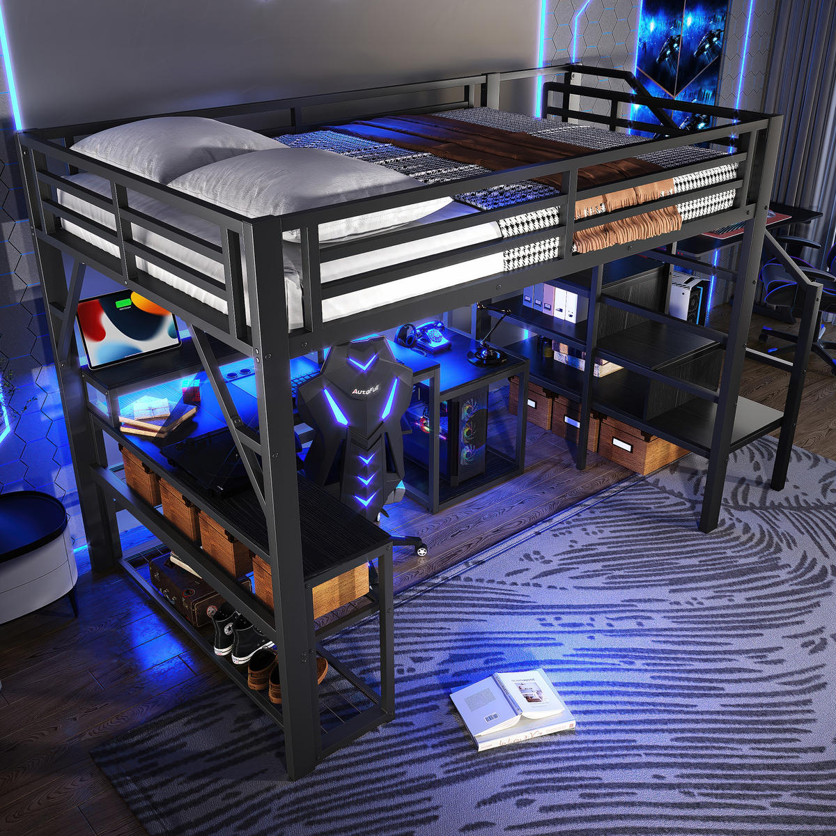 HOCHBETT 140x200cm Schwarz Metall LED-Licht Schreibtisch USB - Schwarz, Metall (140/200cm) - FLIEKS