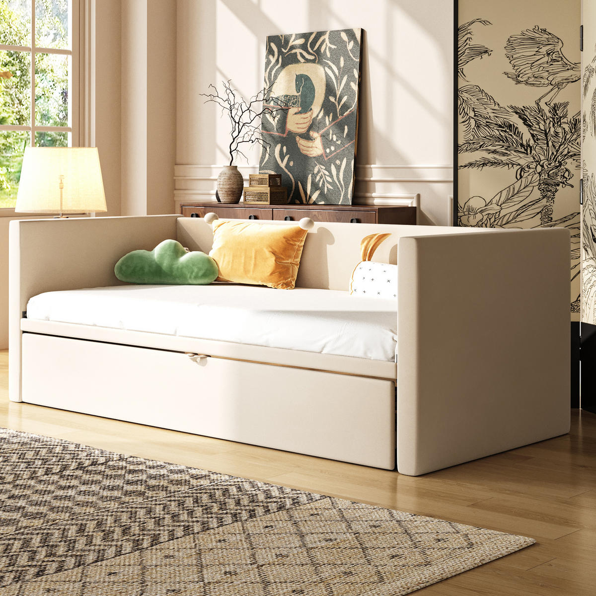 SCHLAFSOFA ausziehbar 90x200/180x200 cm Beige mit Lattenrost - Beige, Metall (90/200cm) - Meubliv
