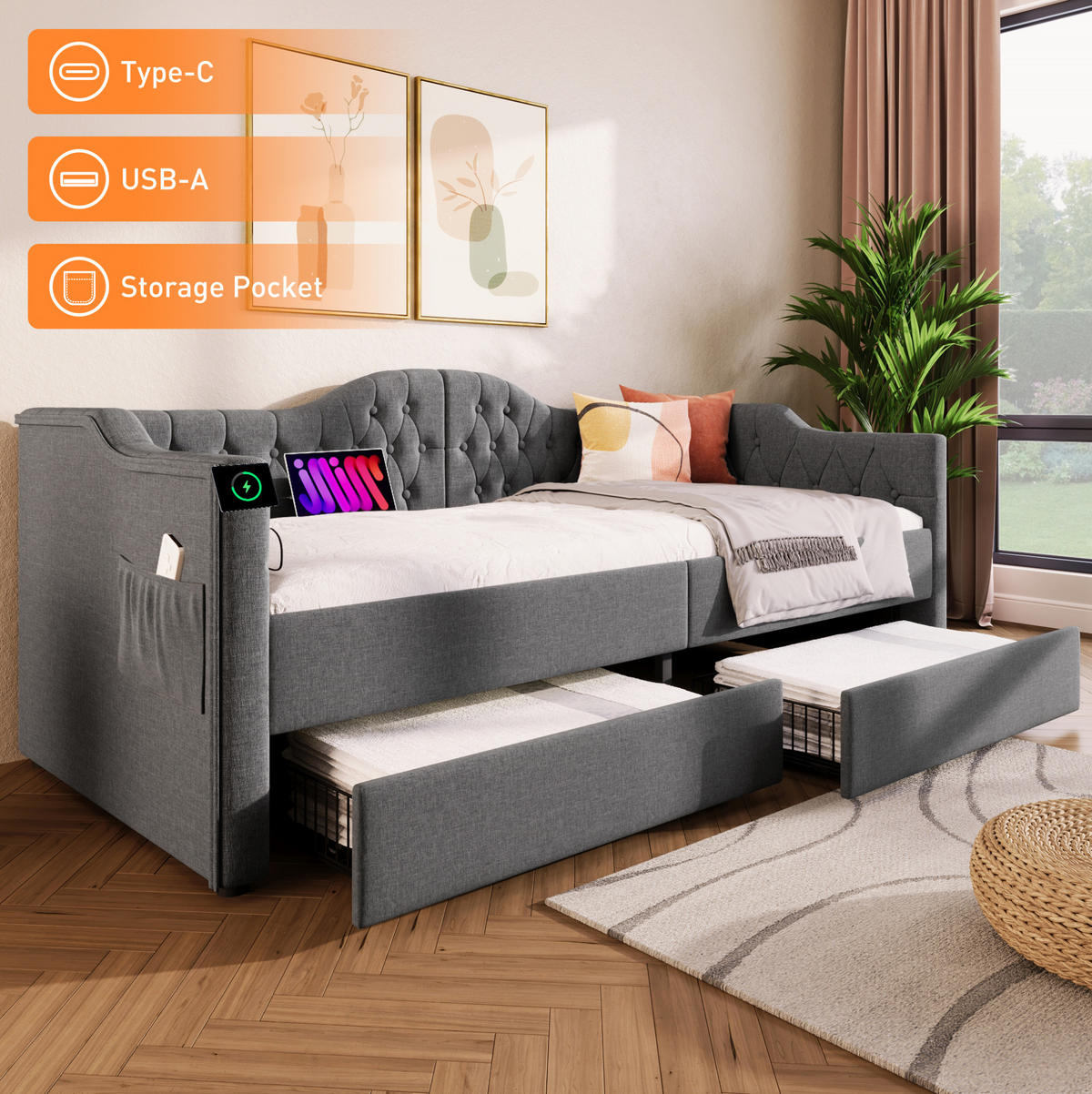 POLSTERBETT 90/200 cm Grau aus Leinen mit 2 Schubladen - Grau, Textil (90/200cm) - OKMYHOME