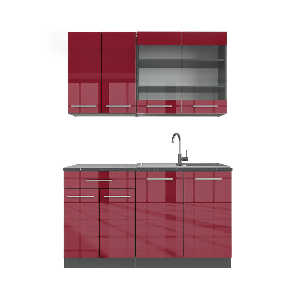 SINGLEKÜCHE Fame-Line Bordeaux Hochglanz/Anthrazit 140 cm AP Anthrazit - Bordeaux/Anthrazit, Holzwerkstoff (140/81.6/60cm) - Vicco