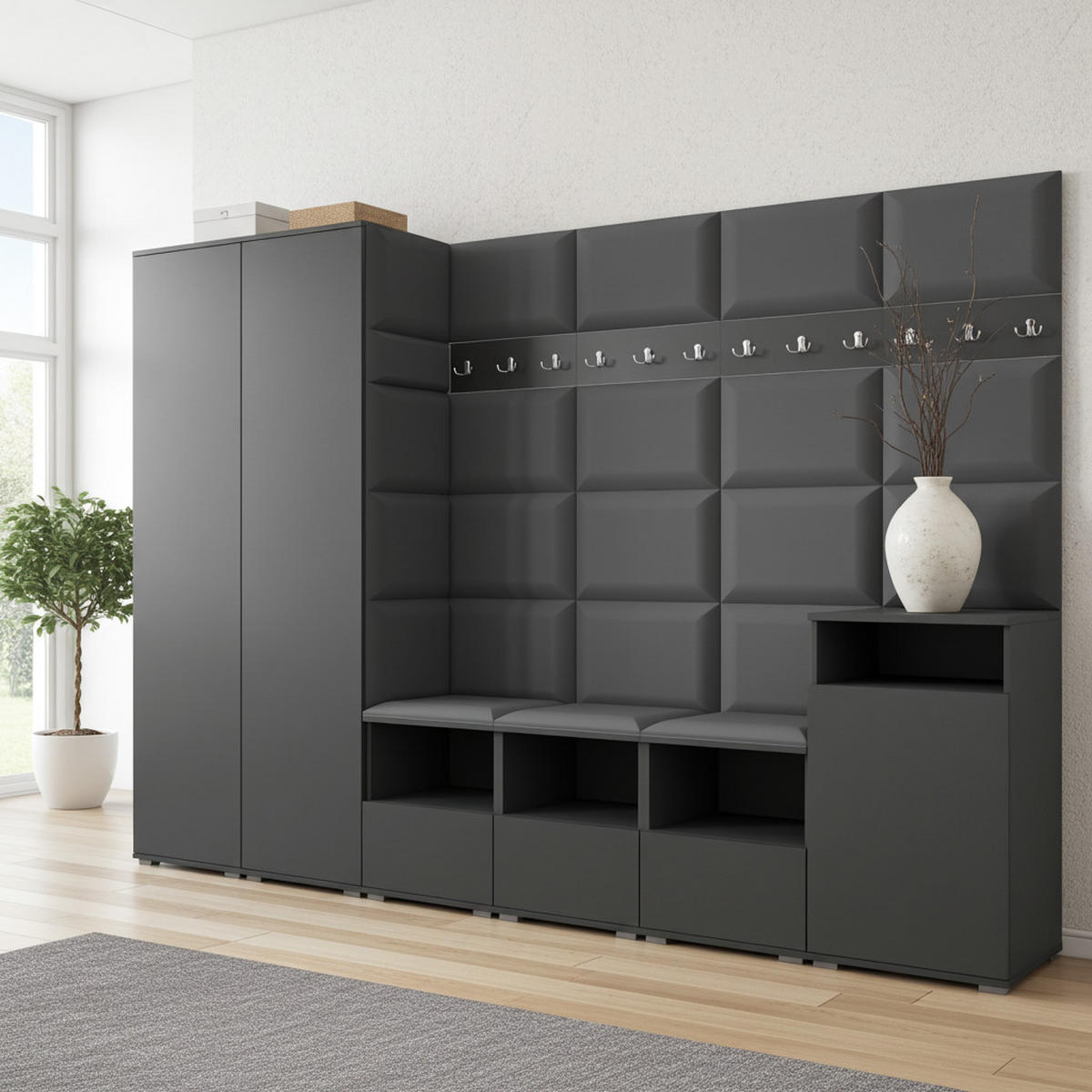GARDEROBE NELA XII 300 cm (Modulare Flurmöbel Graphit mit Sitzpolster Dunkelgrau 15 Gigantisches Set) - Dunkelgrau/Silberfarben, Holz/Holzwerkstoff (300/187/40cm) - Ravio