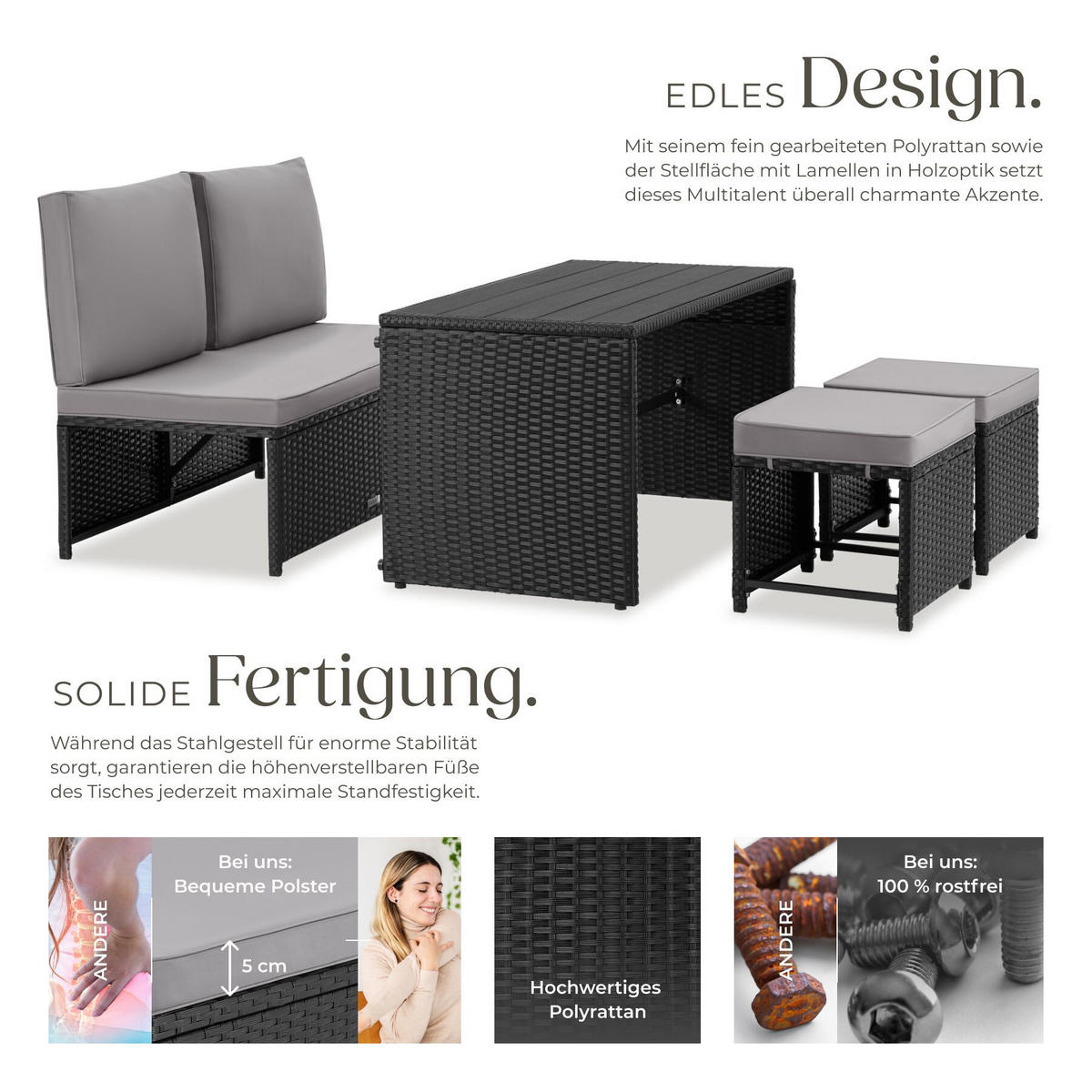 2-IN-1-RATTANLOUNGE-SET Monopoli, höhenverstellbare Tischfüße, schwarz - Schwarz, Kunststoff - tectake