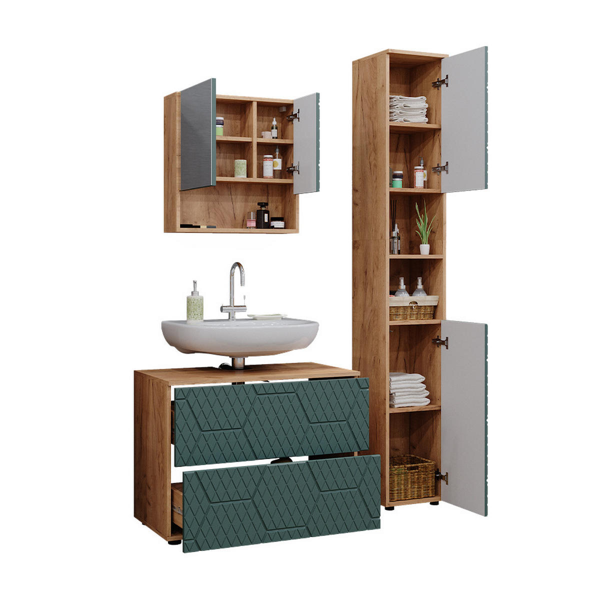 BADMÖBEL-SET Irma Grün 3 Teile, mit Schubladenschrank und Hochschrank - Honigeiche/Grün, Holzwerkstoff (80/58.6/41cm) - Vicco