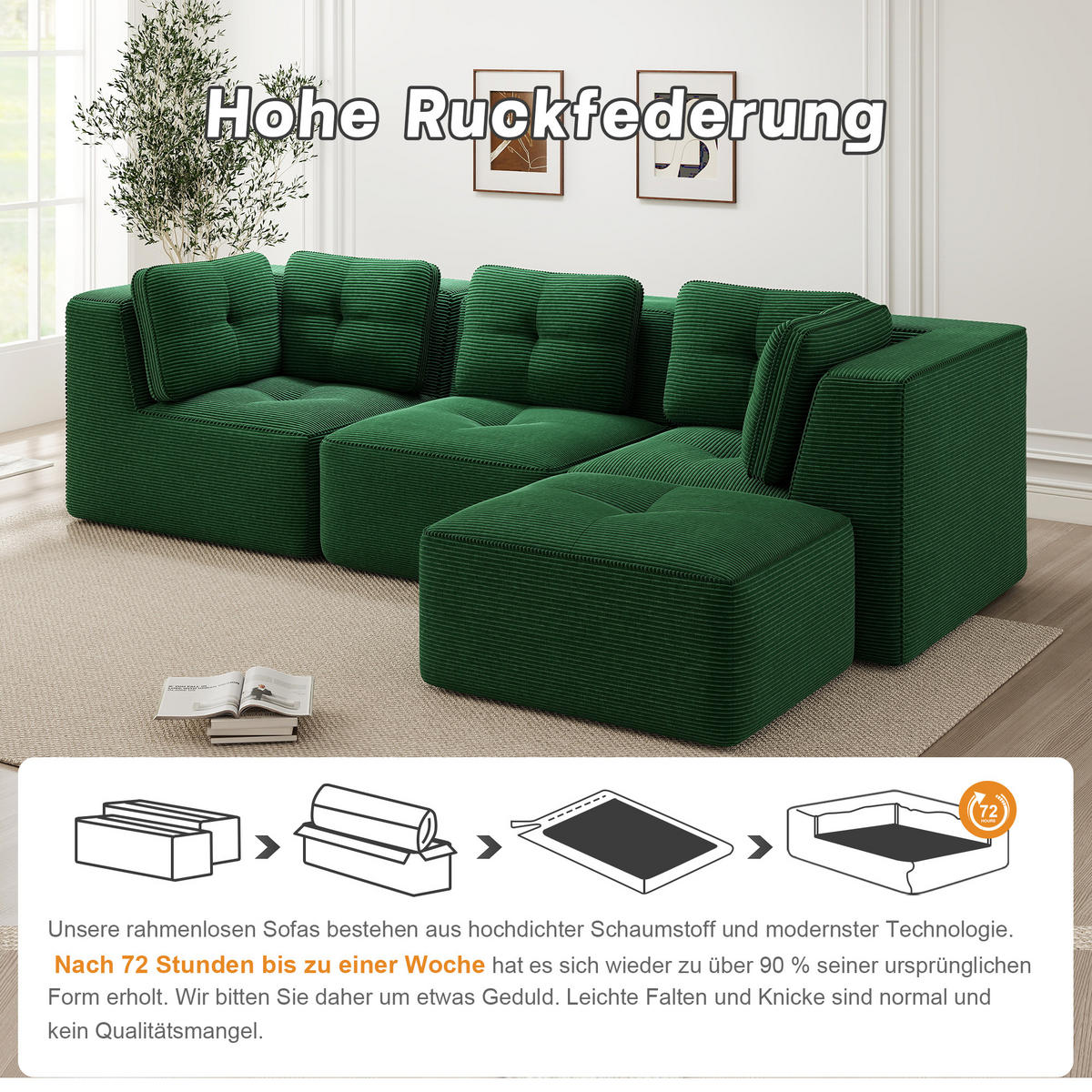 ECKSOFA 297/177/69 cm Grün Cord mit 1 Fußhocker - Grün, Textil (297/177cm) - Oxeza