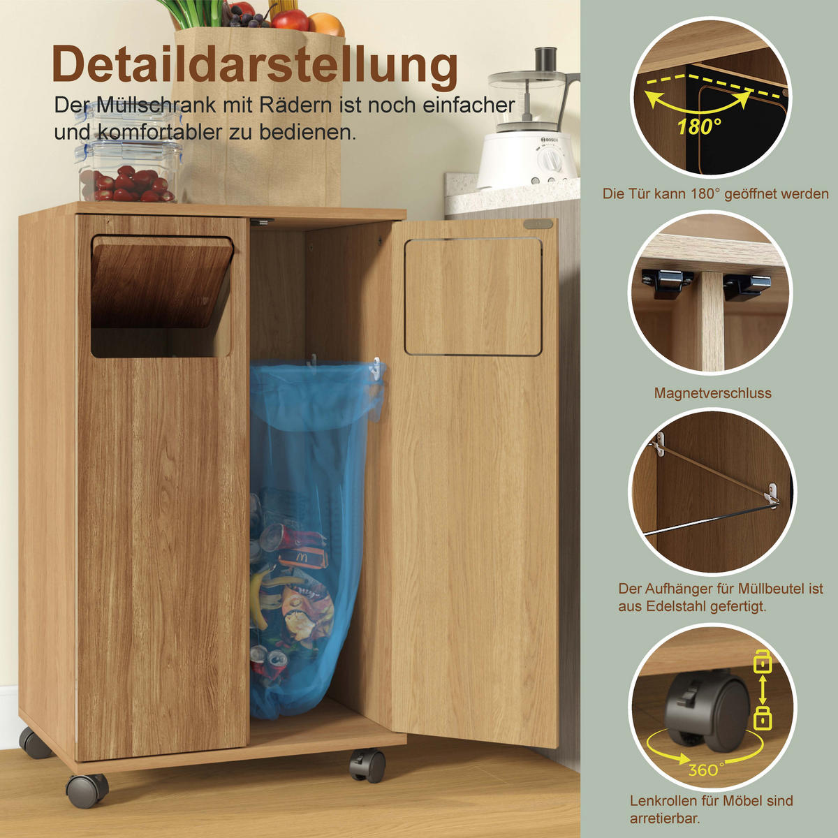 MÜLLSCHRANK DE-38851 46,7/35/80 cm 2 Fächer und Rollen Eiche-Optik - Naturfarben, Holzwerkstoff (46.7/80/35cm) - ComfortXL