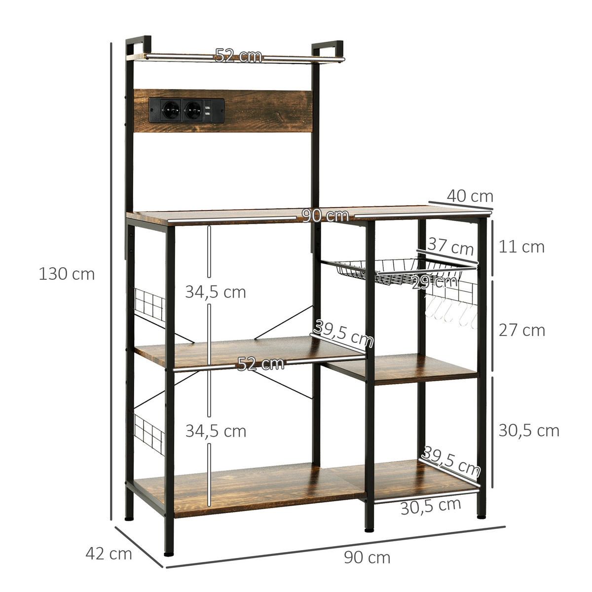 MIKROWELLENREGAL DE-11108 Integrierte Steckdosen Braun - Braun, Holzwerkstoff (42/130/90cm) - ComfortXL