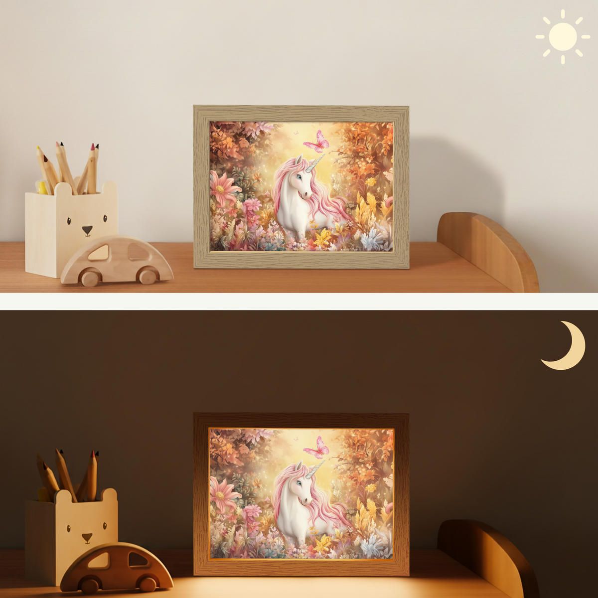 NACHTTISCHLAMPE Einhorn - Blumen - Schmetterling - Rosa 20x15 cm - Beige, Holzwerkstoff (8/20/15cm)