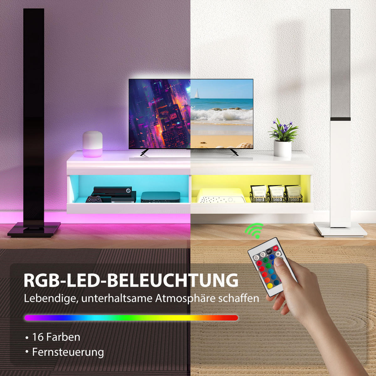TV Schrank, Hängendes TV Lowboard mit RGB LED-Beleuchtung, offenen Stauraum - Weiß Hochglanz, Holzwerkstoff (40/30/140cm) - HOMCOM