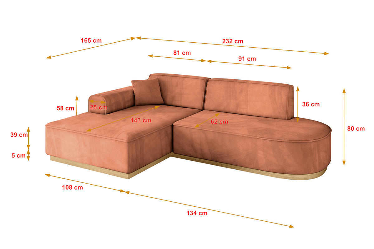 ECKSOFA Ottomane Links IREA-L1-v2 - 232x165x80 cm Apricot - Koralle, Holzwerkstoff/Textil (232/165cm) - ALTDECOR