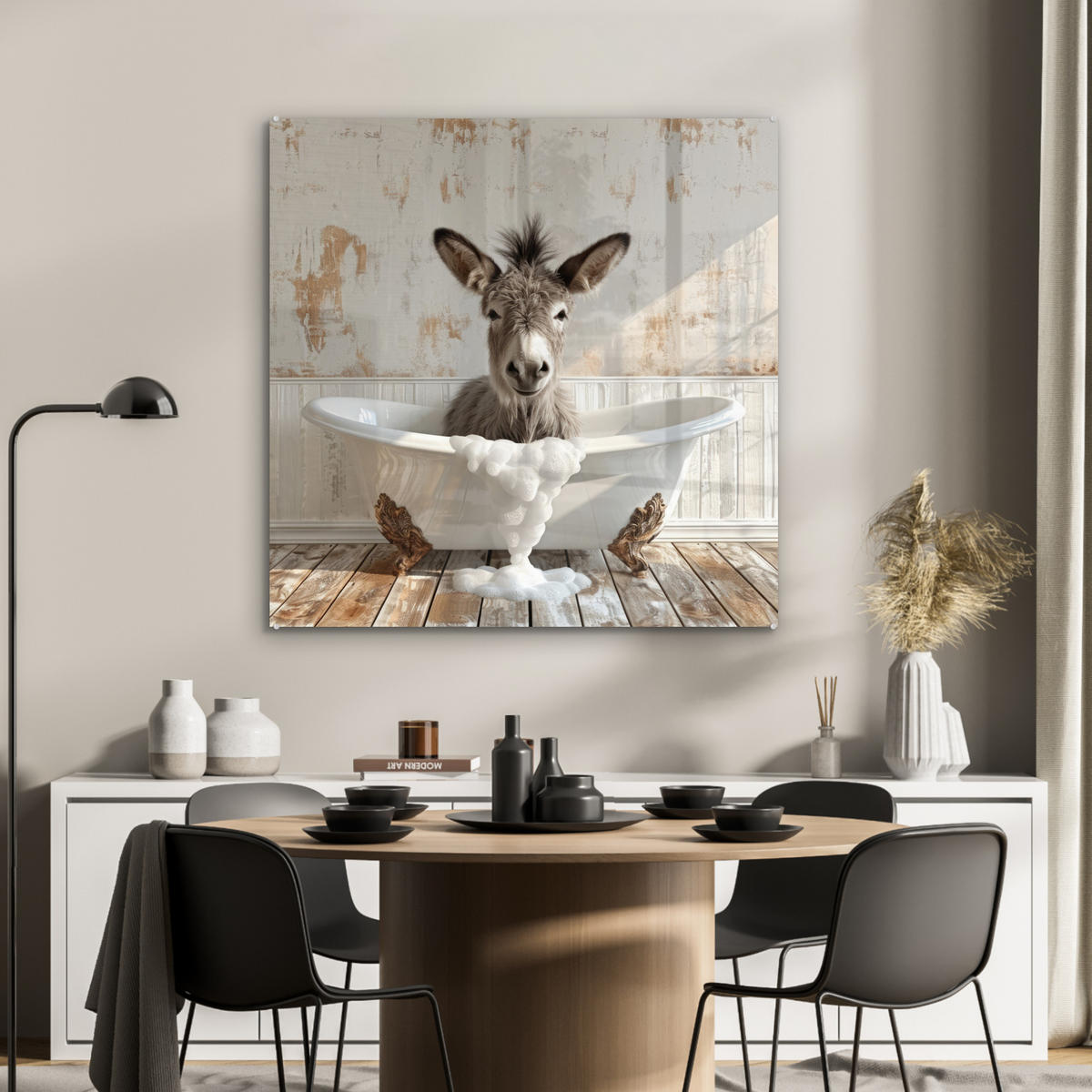 ACRYLGLASBILD Esel - Tiere - Badewanne - Schaumstoff 90x90 cm - Weiß, Glas (90/90cm) - MuchoWow