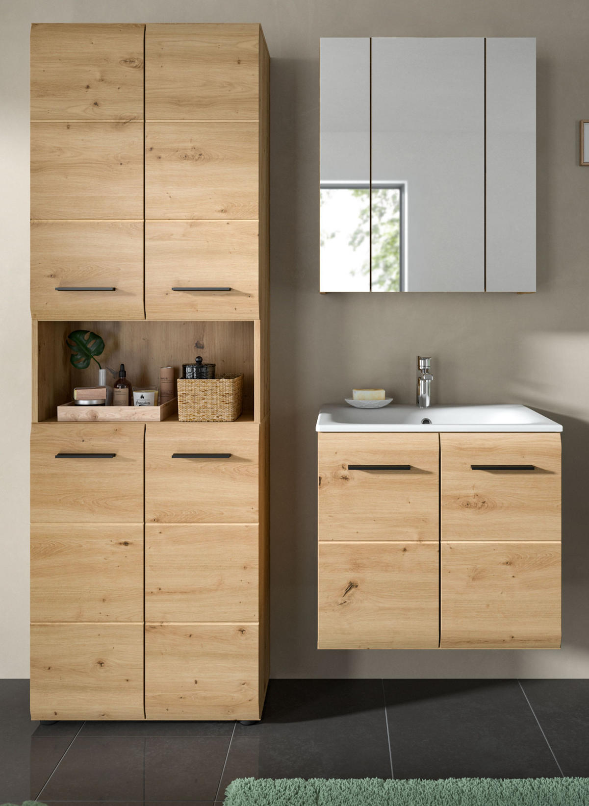 BADMÖBEL-SET Eiche Artisan 3-teilig, Badkombination 135 cm inklusive Waschbecken, Cover - Schwarz/Eiche Artisan, Glas/Keramik (135/185/46cm) - Inn.Furn