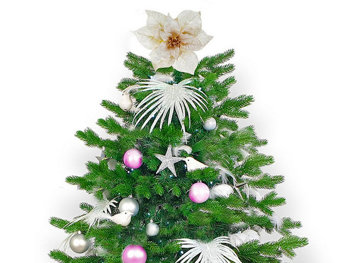 WEIHNACHTSBAUM geschmückt künstlich mit 222 Stk Kugeln POLAR PINK II 360 cm mit Metallständer - Silberfarben/Weiß, Kunststoff (360cm) - LAALU