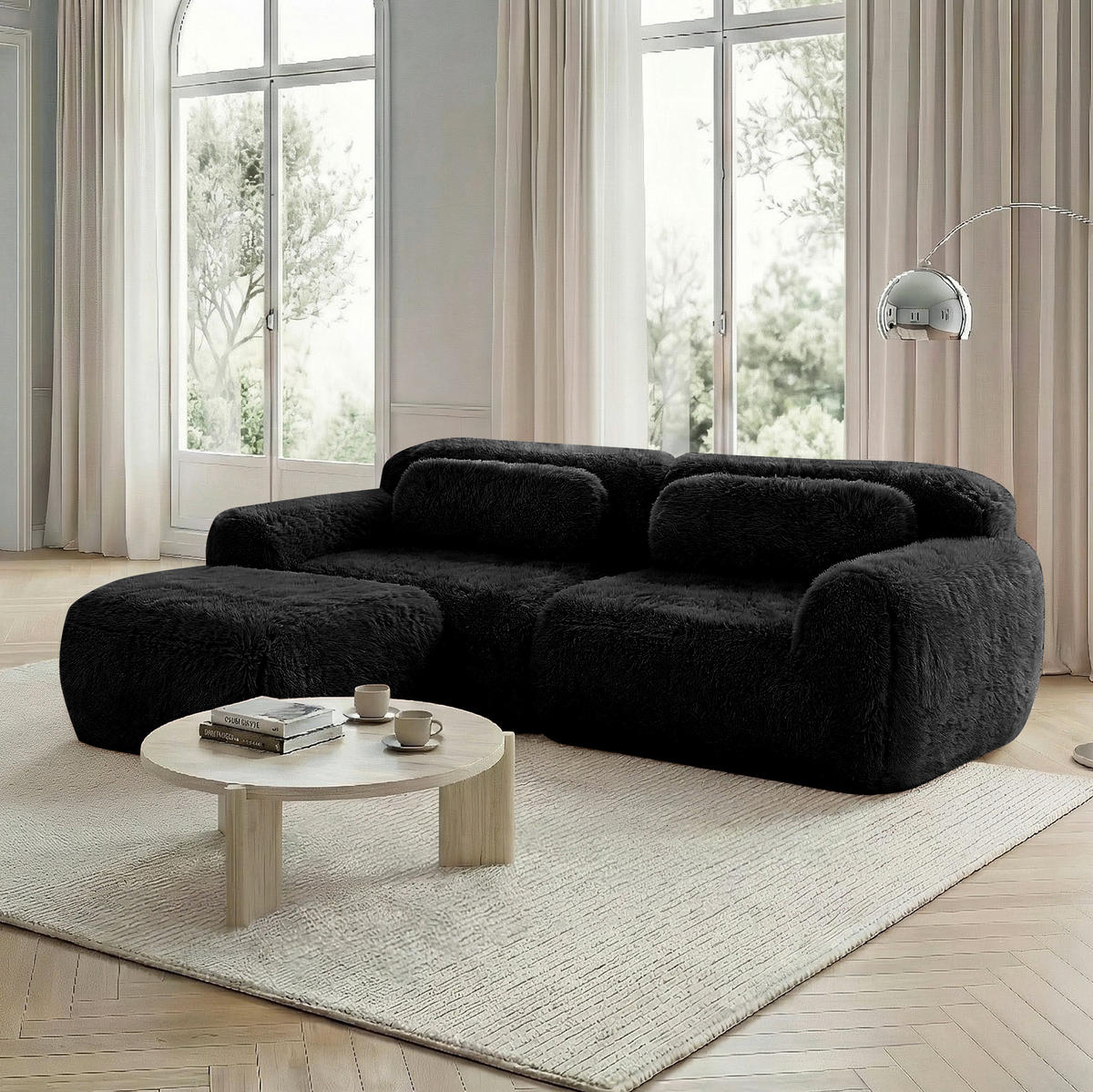 2-SITZER 204/179/73 cm schwarz aus Plüsch modular in L-Form als 2-Sitzer - Schwarz, Textil (179/73/204cm) - OKWISH