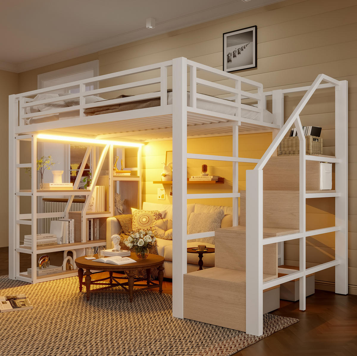 HOCHBETT 140/200 cm Weiß mit LED-Lichtleiste und Stauraum - Weiß, Metall (140/200cm) - MIVRAY