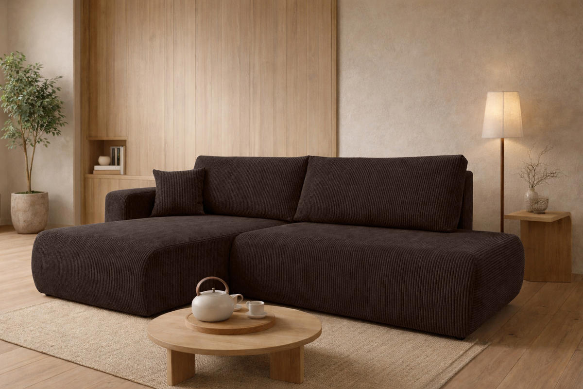 ECKSOFA Mit Schlaffunktion Und Bettkasten, Cordstoff Poso, Braun, Links, OPEN XL - Braun, Holz (262/145cm) - Kaiser Möbel