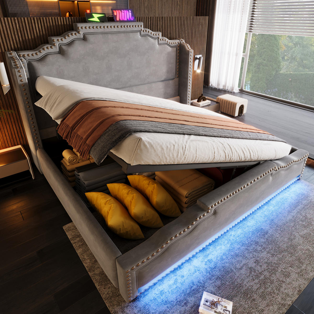 POLSTERBETT 140/200 cm mit hydraulischem Bettkasten, LED & USB/Type-C, Samt grau - Grau, Textil (140/200cm) - Redom