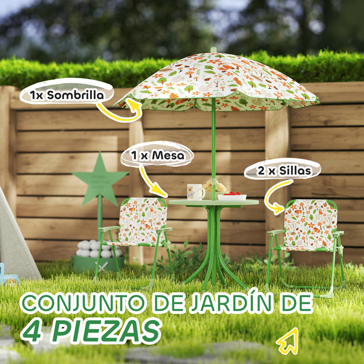 GARTEN-SET, Klappbares Set für Kinder 2–5 Jahre mit Sonnenschirm, Grün - Multicolor, Holzwerkstoff - FORIOUS