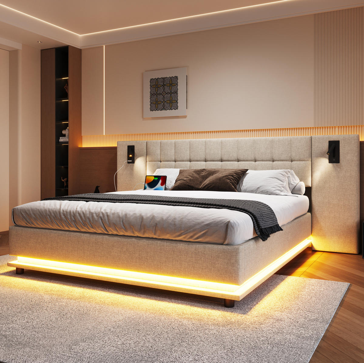 ČALÚNENÁ posteľ 180/200 cm s LED osvetlením, USB portom a lampičkou v čele, bez matraca, Béžová - béžová, textil (180/200cm) - Redom