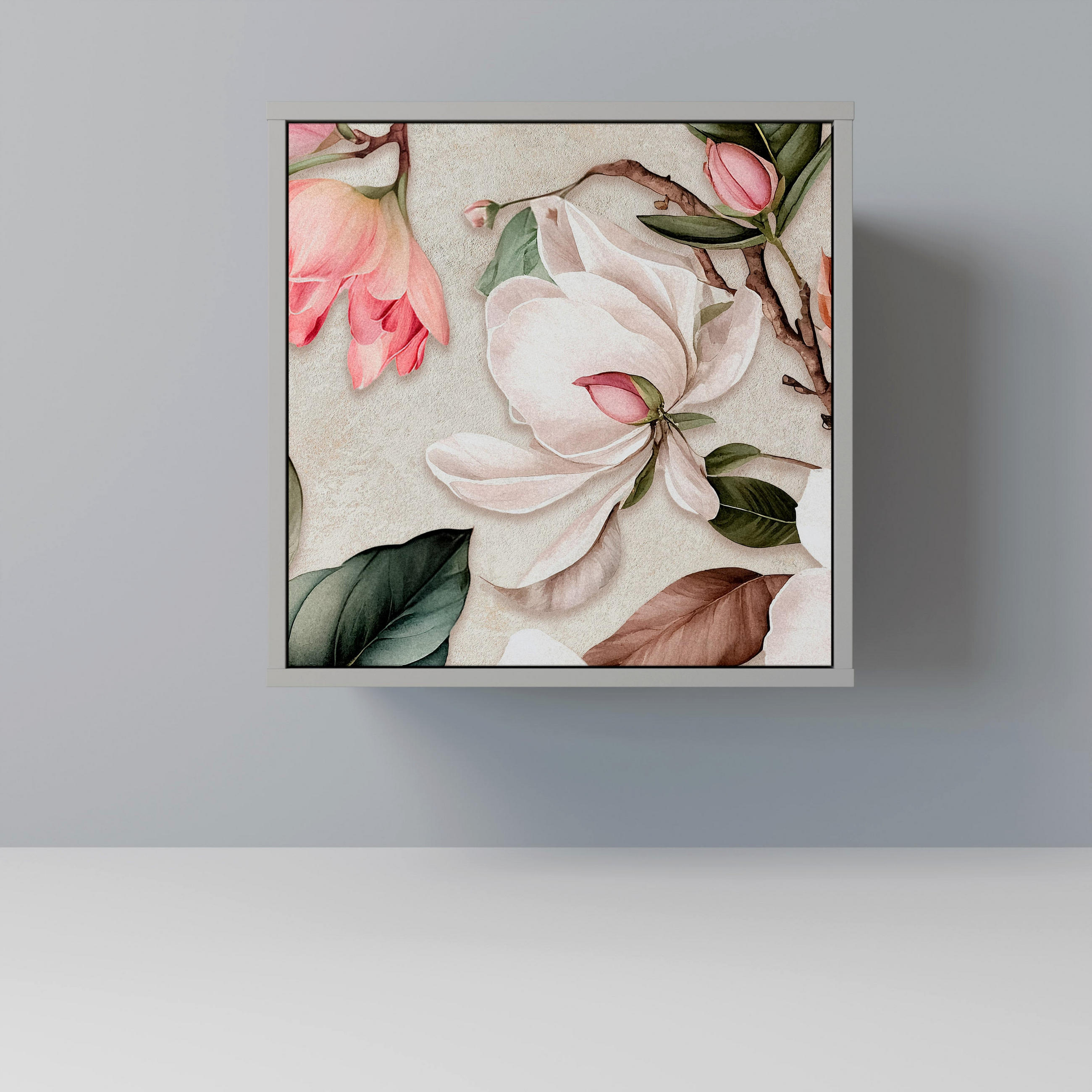 SIDEBOARD FLORAL GRACE, Grau, 57,5x42x57,5 cm, Ohne Füße - Multicolor/Grau, Holzwerkstoff (57.5/57.5/42cm) - SpaceRebels