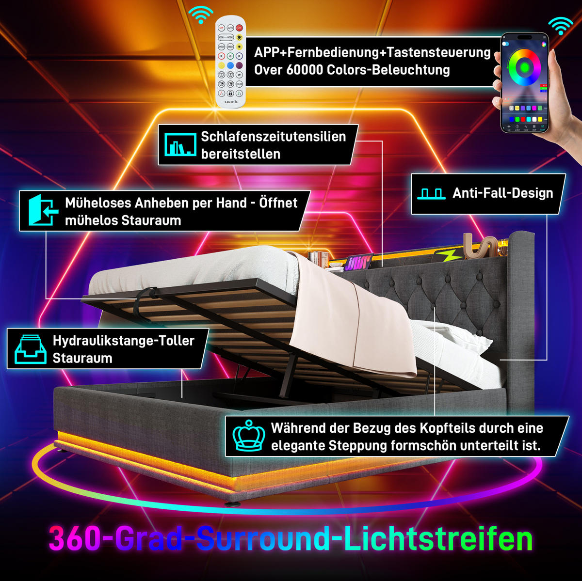 POLSTERBETT 140/200 cm mit LED-Beleuchtung, USB- und USB-C-Anschluss, hydraulischem Bettkasten und Kopfteilablagen, Grau - Grau, Textil (140/200cm) - Redom