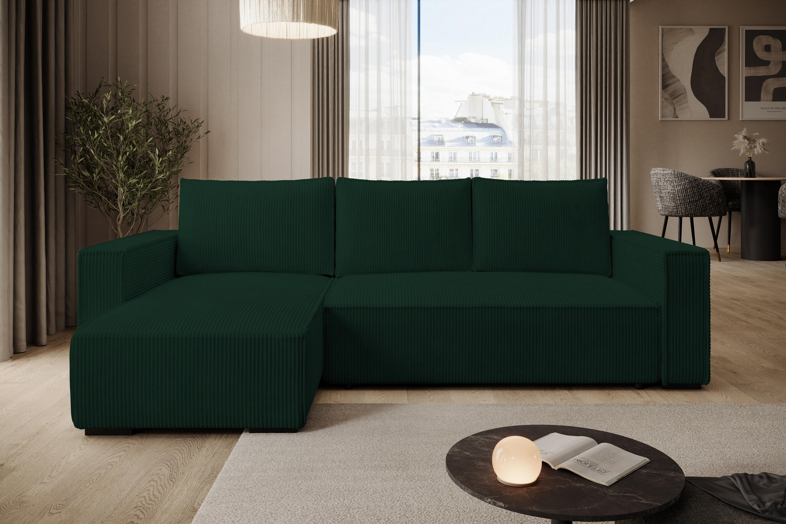 ECKSOFA CUDDY L, Eckcouch in L-Form mit Schlaffunktion und Bettkasten, Farbe: Grün, Cordstoff, Ottomane Links - Grün, Textil (240/140cm) - Storez24