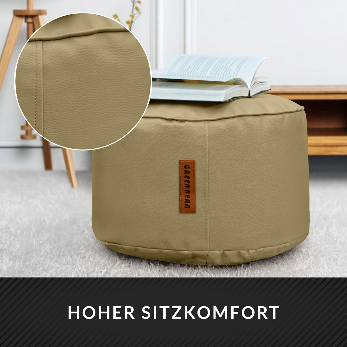 INDOOR HOCKER Stay rund Kunstleder - Beige, Textil (43/30/30cm) - Green Bean