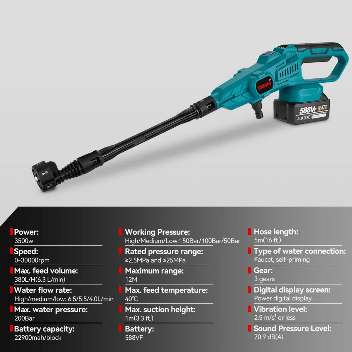HOCHDRUCKREINIGER 200Bar Bürstenloser kabellos, tragbar, Gartenbewässerung, Autoreinigung, Mit 2 Batteries - Schwarz, Metall (41.5/23cm) - Coonoor