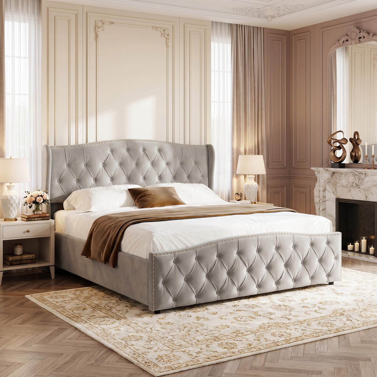 POLSTERBETT 160x200 cm mit Bettkasten, Doppelbett mit Kopfteil, Lattenrost und Stauraum, Samt Grau - Grau, Holz/Textil (160/200cm) - GENKI LIVING