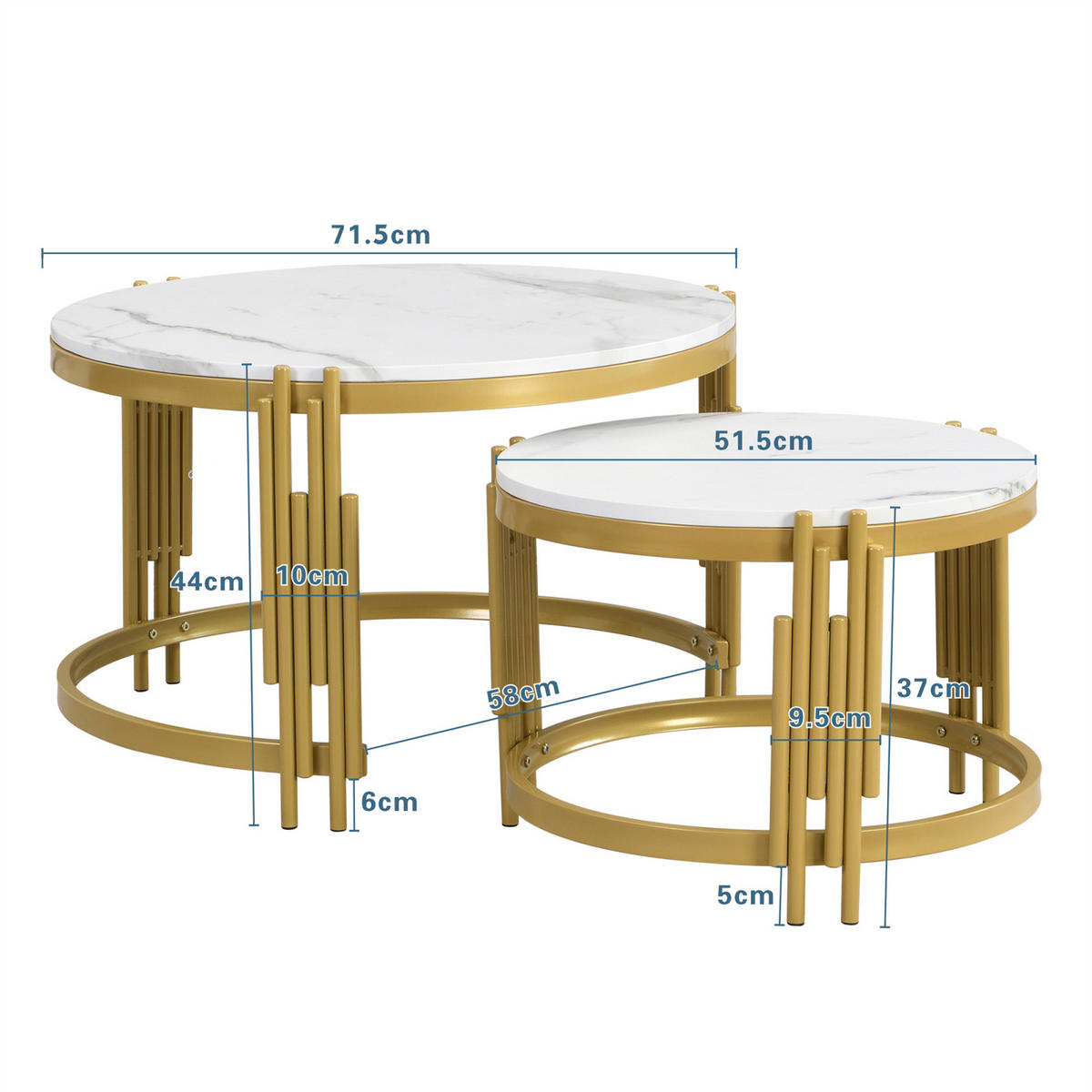 COUCHTISCH-SET Weiß mit goldfarbenem Metallgestell - Weiß, Metall (71/71/44cm)