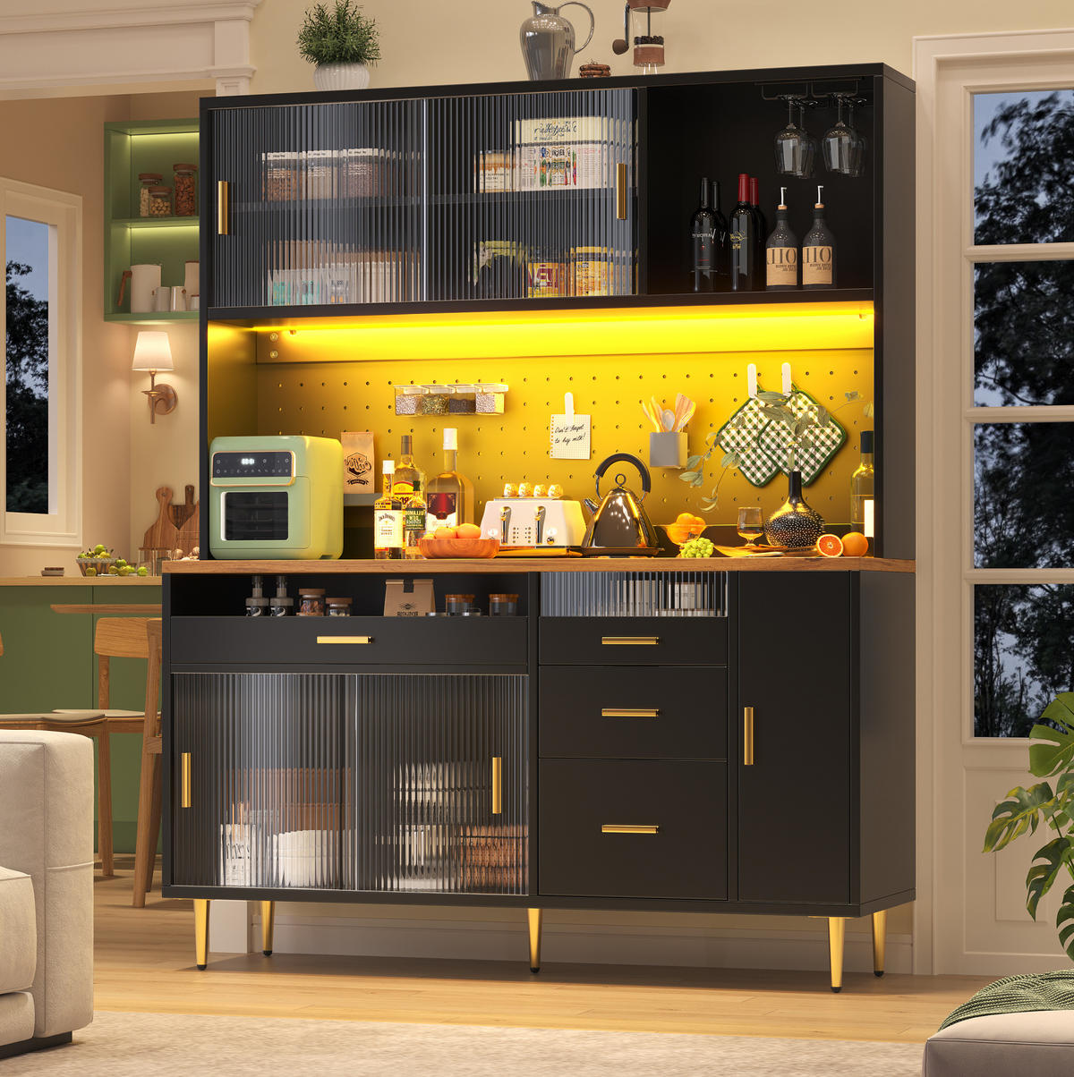 BUFFET 145/39/171 cm schwarz aus MDF und Glas mit LED - Schwarz, Glas (145/171/24cm) - OKWISH